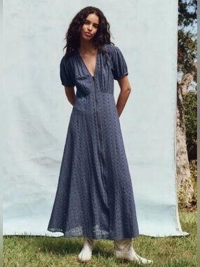 NEW THE GREAT. The Veranda Dress Eyelet Zip Front Midi Puff Sleeve Small